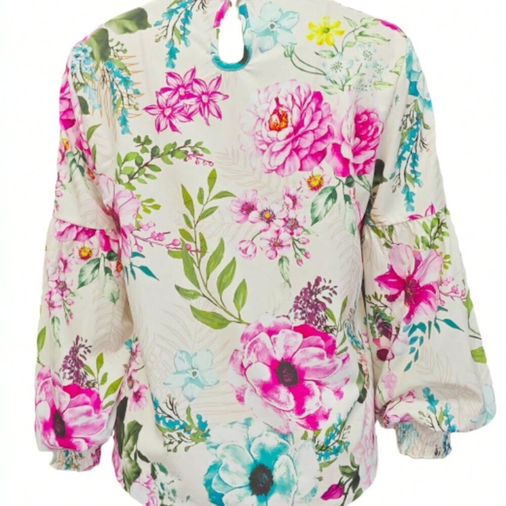 Multicolor Elegant Women's Floral Print Round Neck Bubble Sleeve Pullover Shirt - Picture 4 of 4